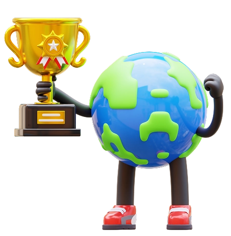 Personaggio della Terra in 3D con in mano un trofeo