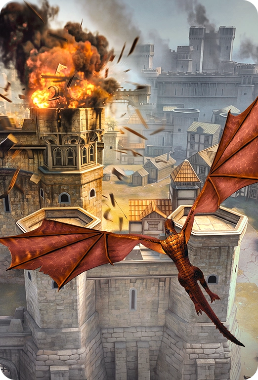 Un grande drago rosso con le ali spiegate sorvola una città medievale. Una torre brucia in modo spettacolare, emettendo fumo e detriti, in una scena drammatica.