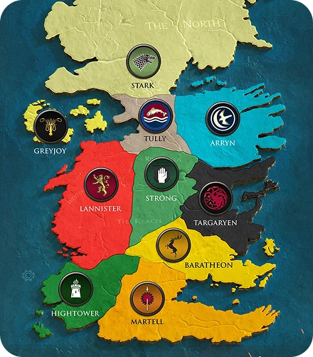 Mappa in stile fantasy delle regioni, delle città e dei luoghi principali del mondo di gioco.